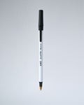 A single white and black ballpoint pen with a gold-tipped tip, shown vertically against a light gray gradient background.