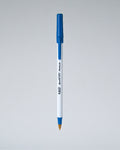 A blue and white Perfora ballpoint pen with a gold tip, shown vertically against a neutral gray gradient background.