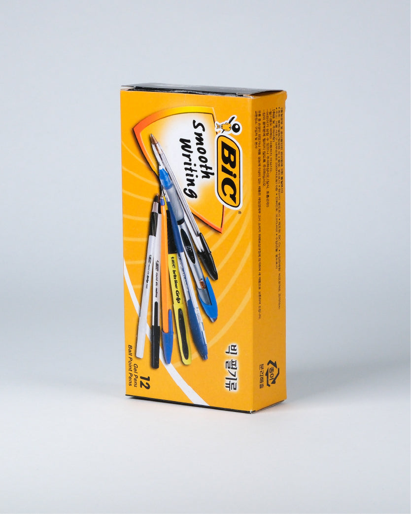 A box of BIC Smooth Writing ballpoint pens, featuring a bright yellow-orange packaging design with illustrations of blue, black, and yellow pens, set against a light gray background.