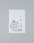A minimalist art print featuring a black line drawing of a washing machine with red Japanese characters on a white rectangular card, set against a neutral gray background.