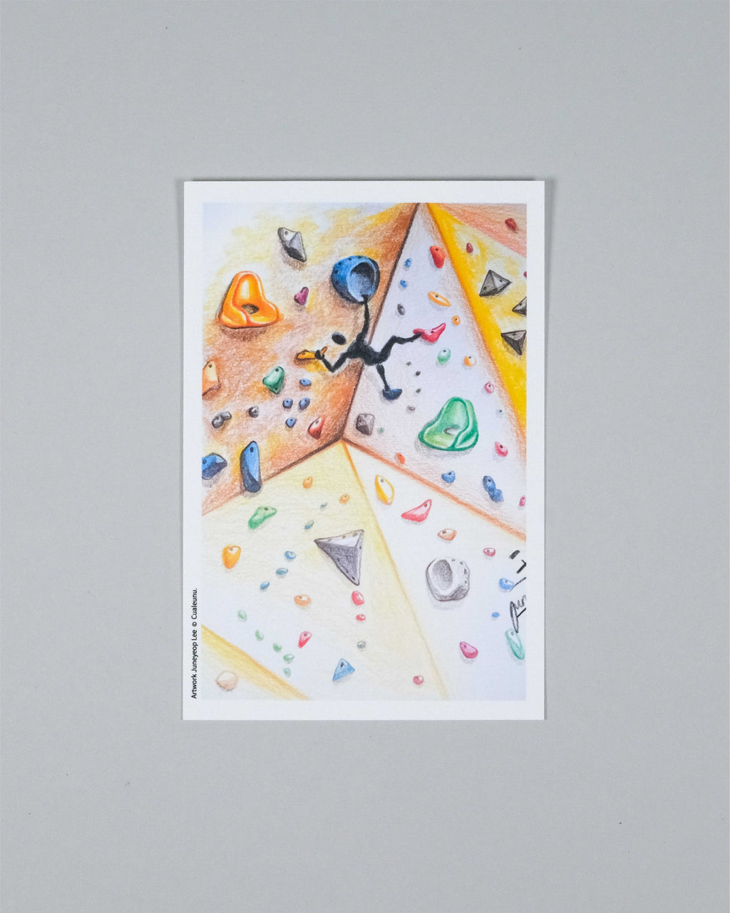 A vertical art print featuring a colorful, geometric watercolor illustration of climbing walls and climbing holds, displayed against a neutral gray background.