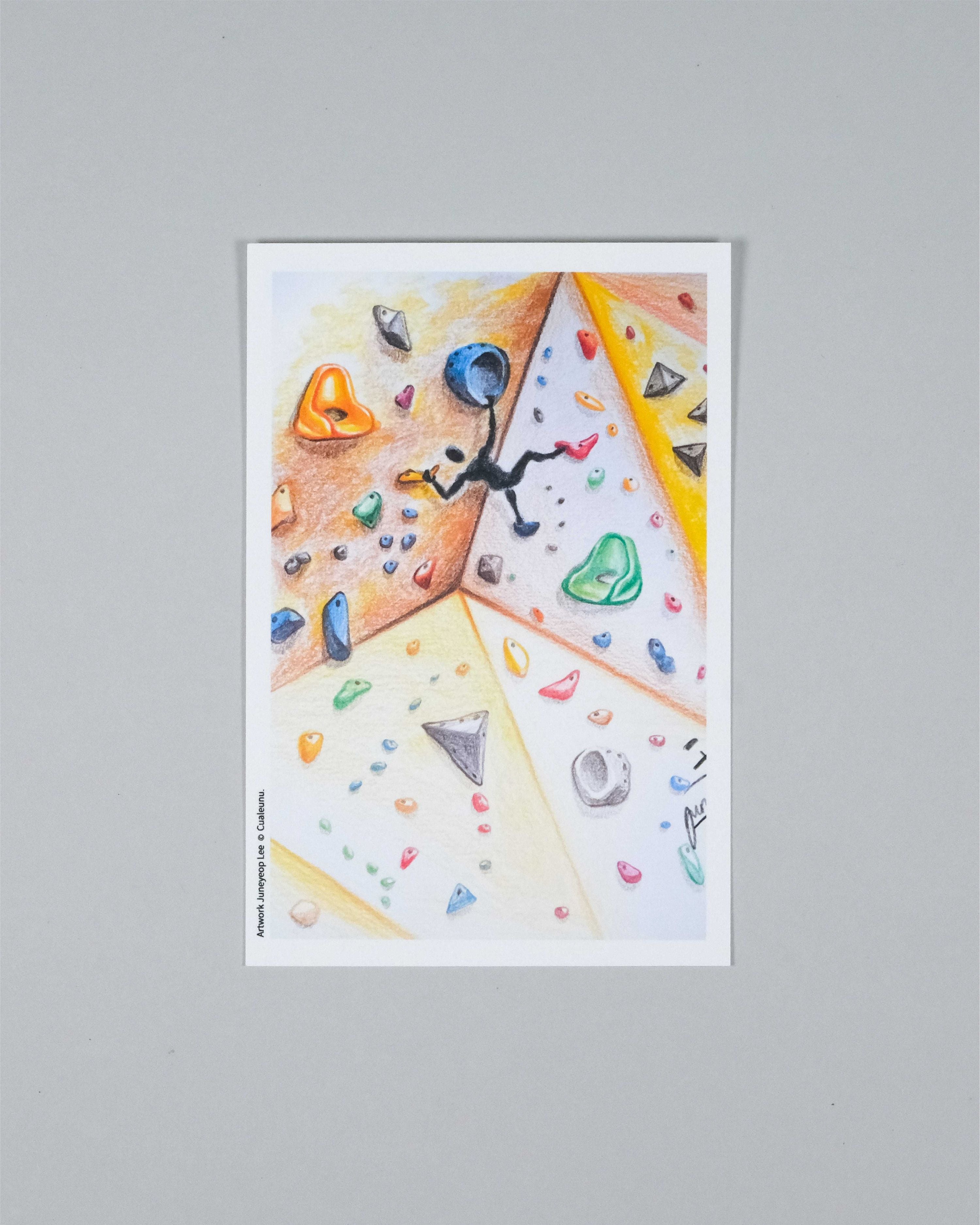A vertical art print featuring a colorful, geometric watercolor illustration of climbing walls and climbing holds, displayed against a neutral gray background.