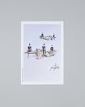 A framed art print featuring a minimalist illustration of several figures standing around colorful, geometric tables on a light background, displayed against a neutral gray wall.