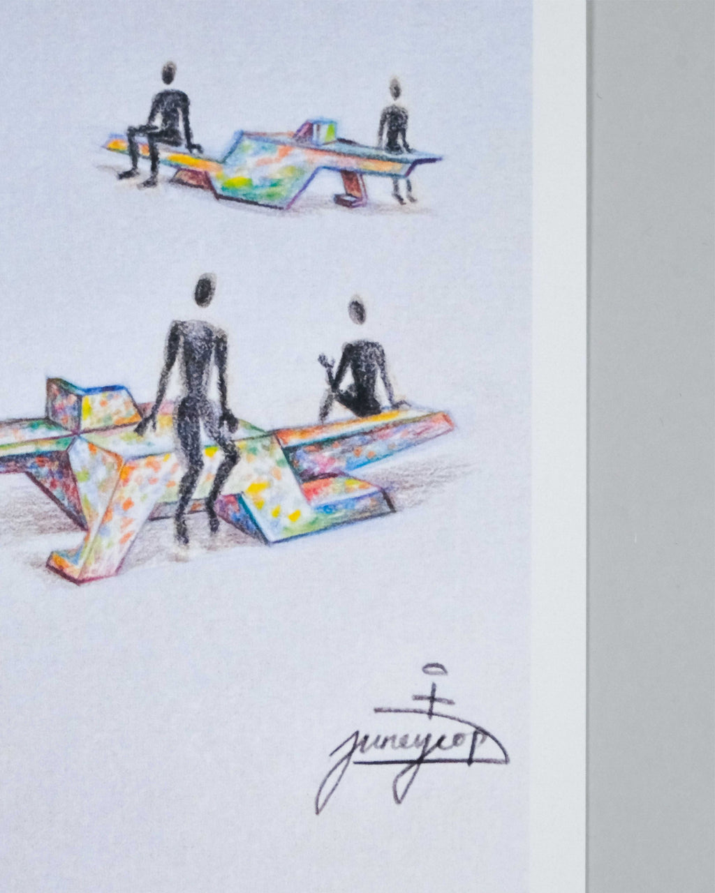A sketch-style artwork on a white paper background showing two colorful geometric seating forms with black silhouetted figures, plus a black signature near the bottom.