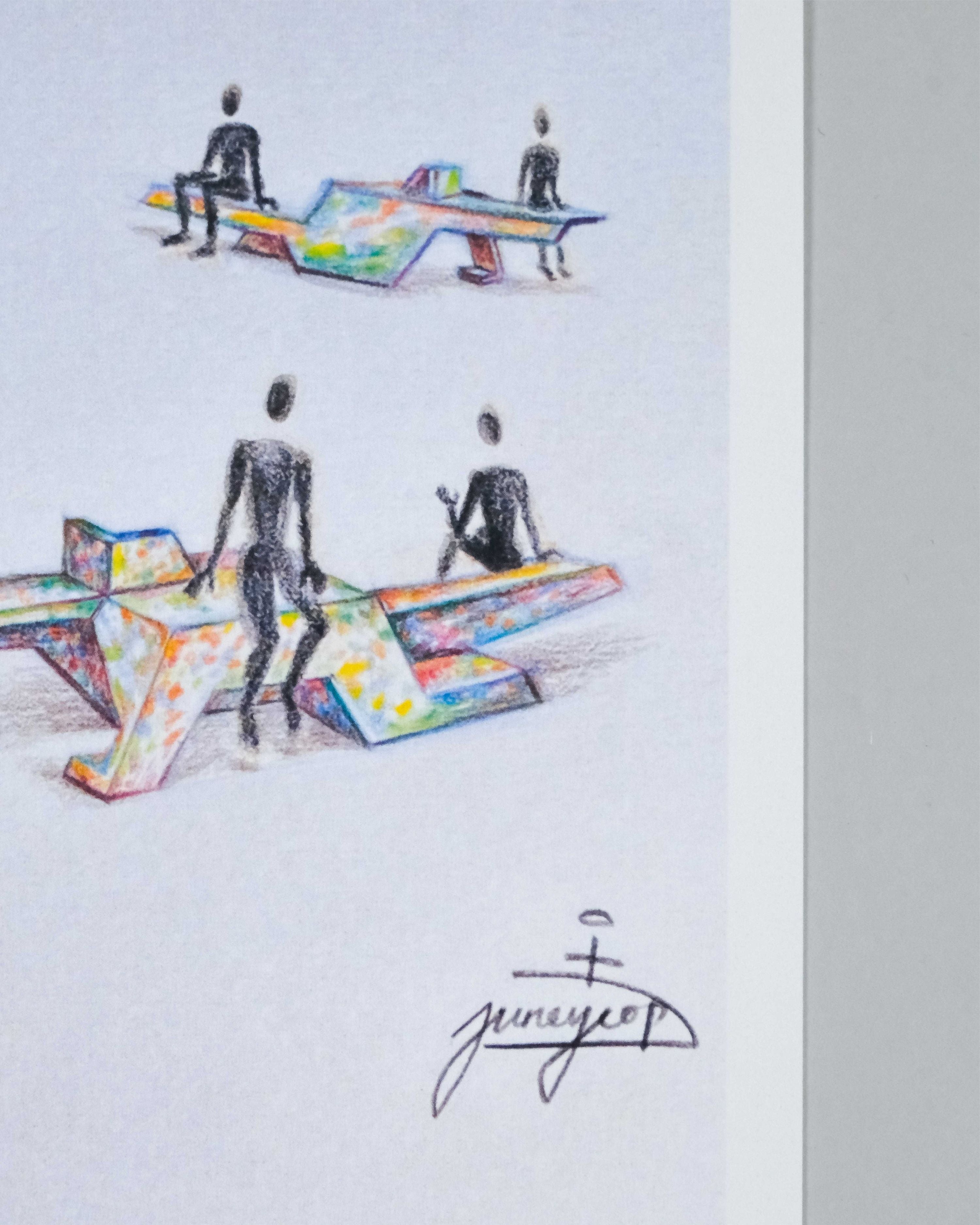 A sketch-style artwork on a white paper background showing two colorful geometric seating forms with black silhouetted figures, plus a black signature near the bottom.