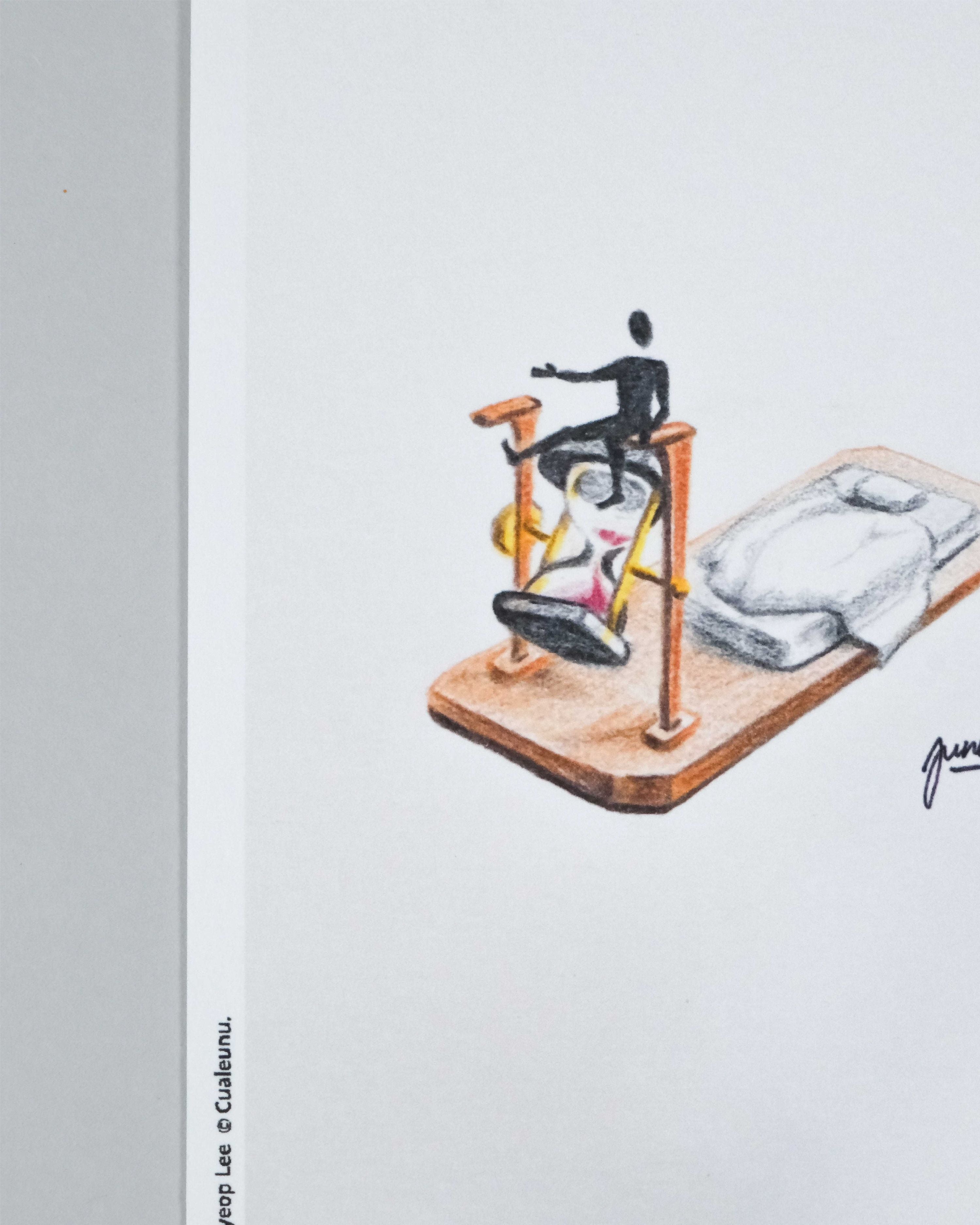 A minimalist illustration on a white page showing a small black figure exercising on a wooden machine while a gray pillow rests beside it. Part of a gray book or booklet spine is visible along the left edge, with partial vertical text and a signature near the lower right.