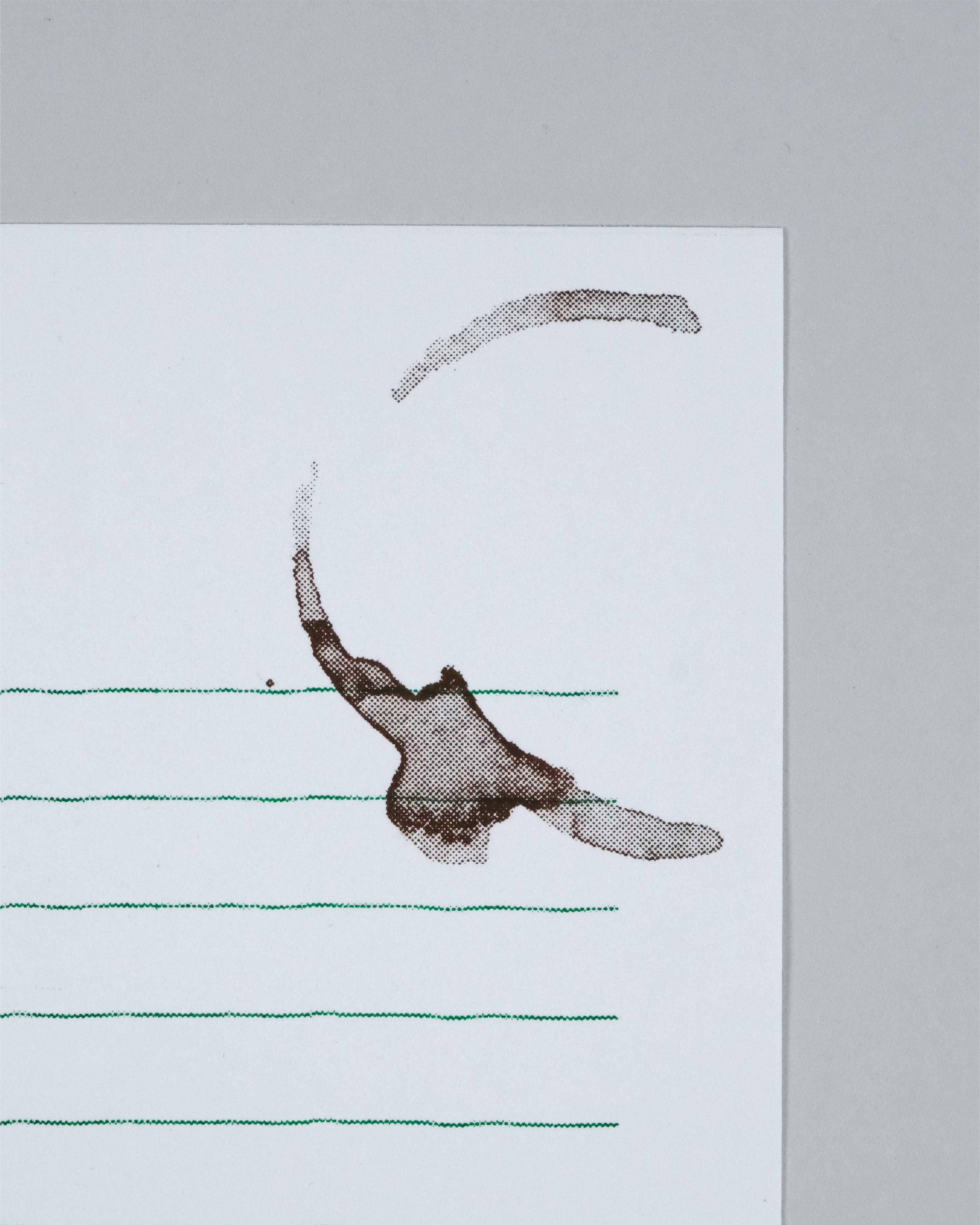 A square white art print or card featuring a minimalist abstract design: a brown ink-like splash or loop near the center, several thin green horizontal lines across the lower portion, and a light gray background around the print.