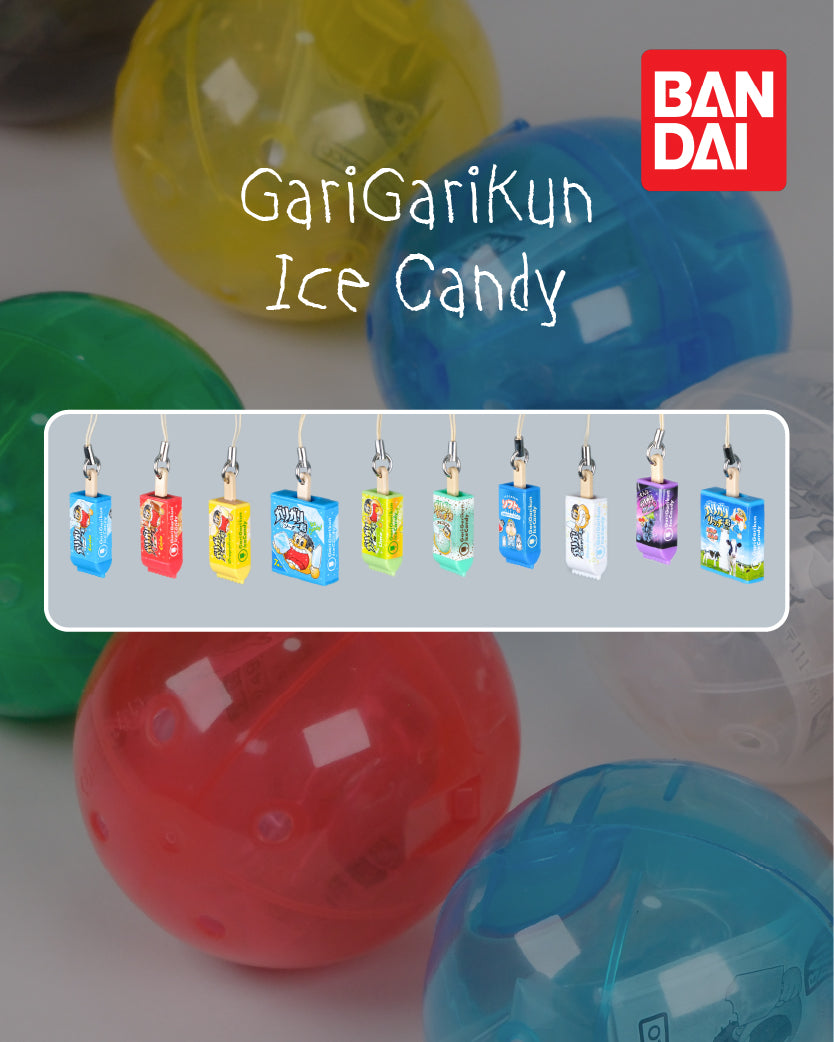 Bandai GariGariKun Ice Candy keychains shown in a promotional layout with colorful translucent plastic capsules in the background and a row of individual keychain boxes across a gray banner.